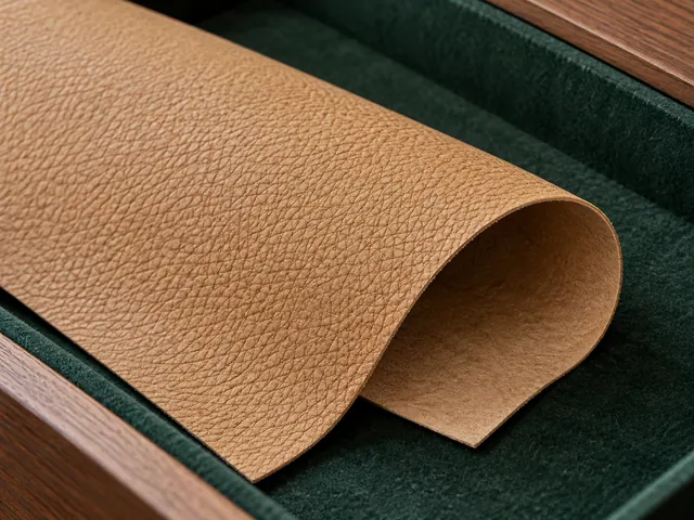 Fine pebbled grain follows the curve of a tan swatch on green felt
