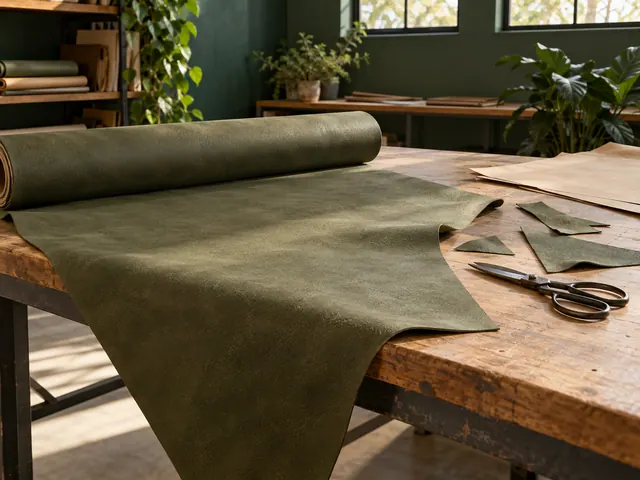 A partly unrolled olive sheet lies beside shears on a wooden workshop table